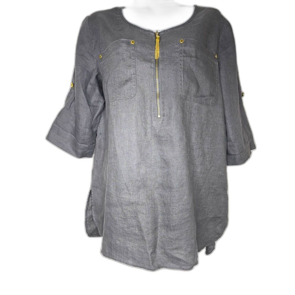 Ellen Tracy Linen Tunic Top Gray Quarter Zip Gold Chain Size M Lagenlook